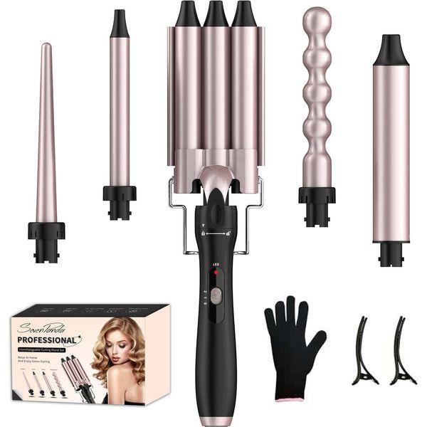 SevenPanda 5 in 1 Curling Iron Set with 3 Barrels Hair Wave Iron for Big/Medium or Small Curler,Waver Curling Wand for Long/Short Hair,Curling Wand Set 5 in 1 Curling Tongs 9-25mm with 3 Barrels