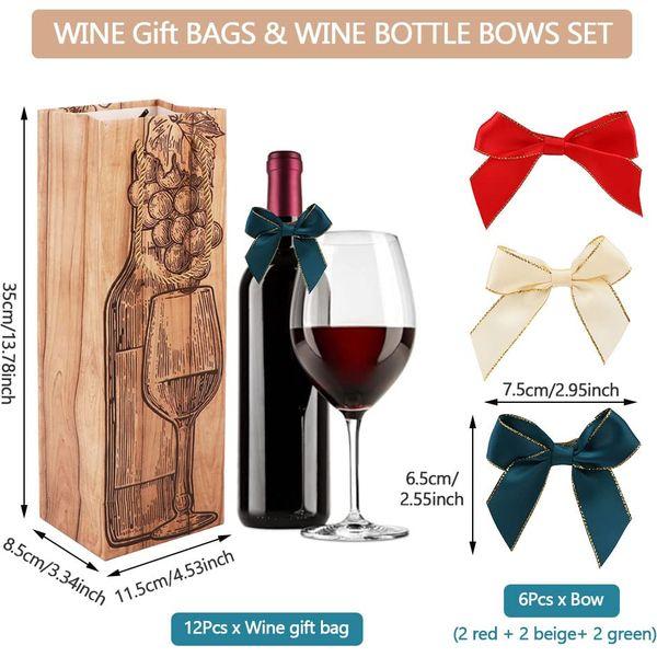 12PCS Bottle Gift Bag,Sturdy Vintage Wood Colour Gift Bag for Wine or Small Gifts,Comes with 6 Pieces of Bows in 3 Colours (11.5 * 9 * 35cm) 4