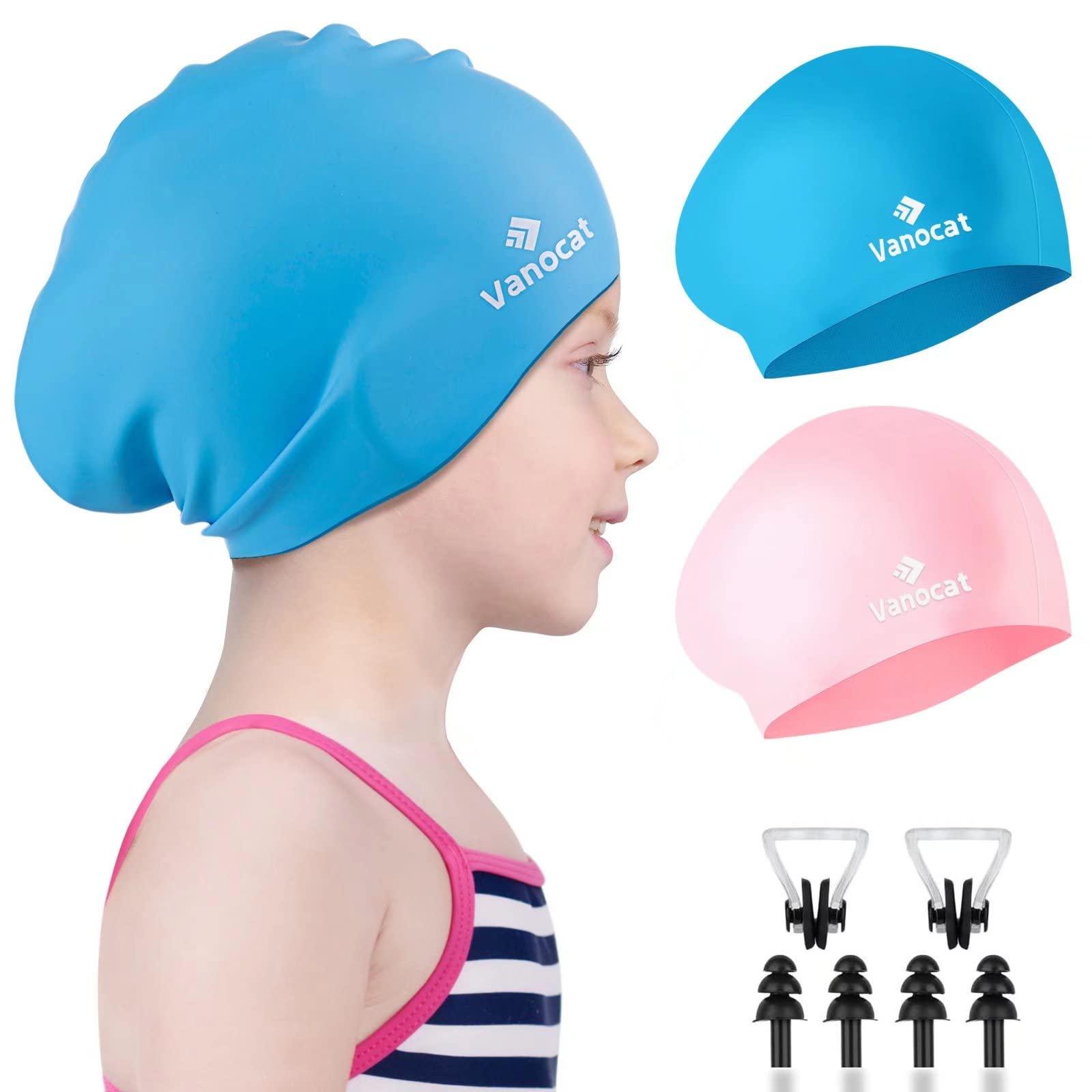 Vanocat 2 Pack Kids Swimming Cap Short/Long Hair, Unisex Silicone Swimming Hat, Waterproof Shower Swim Cap for Girls Boys with Ear Plugs & Nose Clip（Pink+Sky Blue）, Age 8-15-