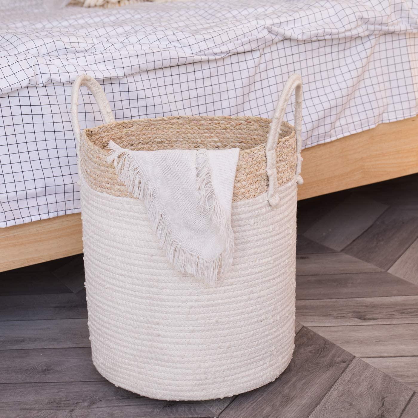 La Jolíe Muse Large Storage Basket - Cotton Rope Laundry Basket for Diaper Blanket Toy Towel Woven Nursery Basket Home Decor, White & Gold Set 2 2