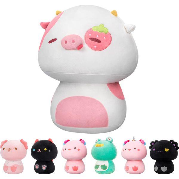 Mewaii 14'' Soft Strawberry Cow Pillows Mushroom Stuffed Animal Plush Plushie Squishy Toy - White