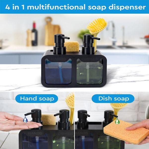 Soap Dispenser with Sponge Holder, Hukunfy Multi-Purpose Liquid Hand and Dish Soap Dispensers Set for Kitchen Sink, 350ml Bottles Capacity with Brush Storage & 2 Pack Pump Replacement (Black) 4