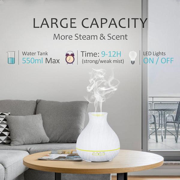 550ml Essential Oil Diffuser , Aromatherapy Wood Grain Aroma Diffusers with Timer Cool Mist Humidifier for Large Room, Home, Baby Bedroom, Waterless Auto Shut-off, 7 Colors Changing Lights (White) 1