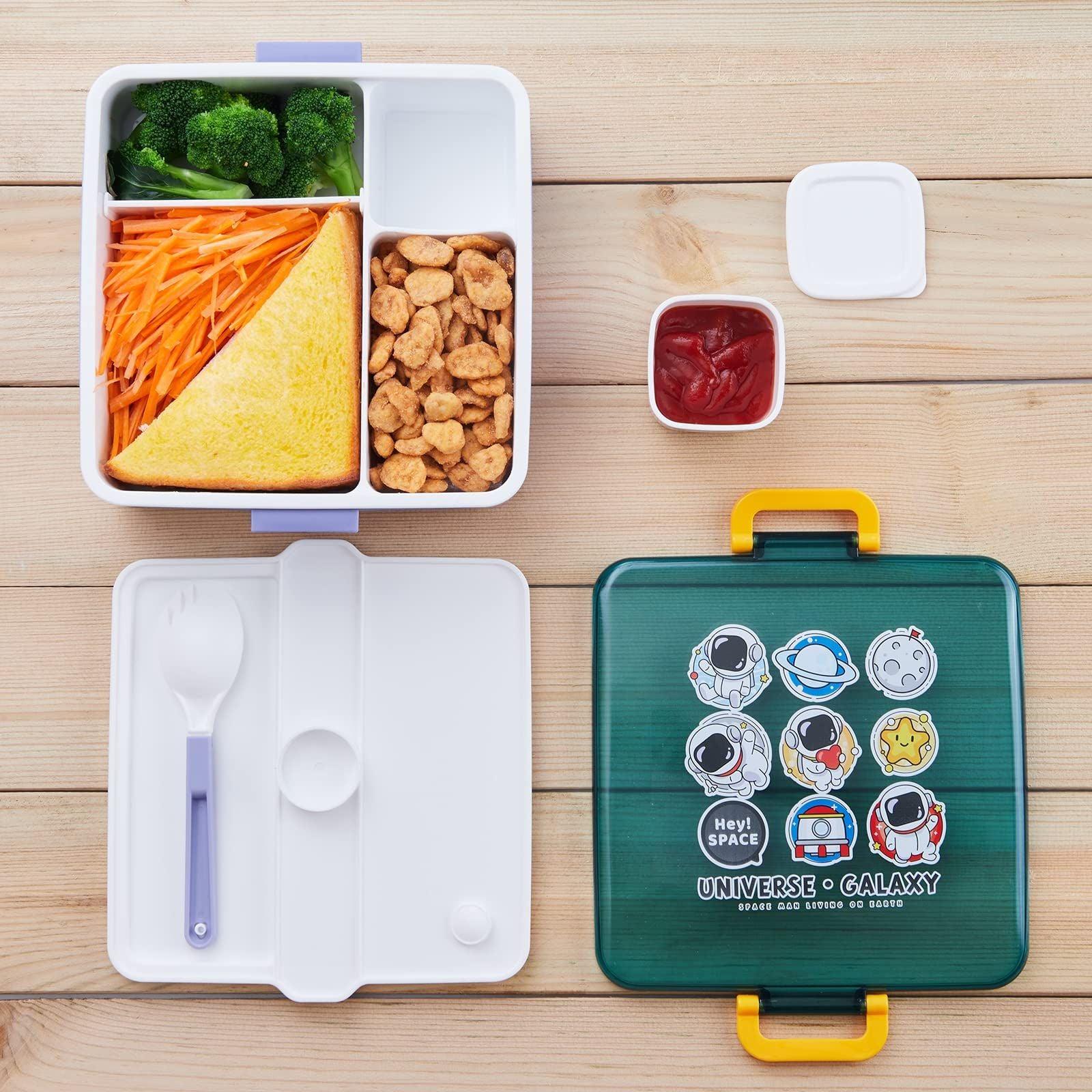 Bento Box for Kids - 1300ml Leak Proof Lunch Box with Sauce Jar - 3 Compartments Lunch Containers with Utensil, Dishwasher & Microwave Safe, BPA-Free,On-The-Go Meal and Snack Packing (White) 1