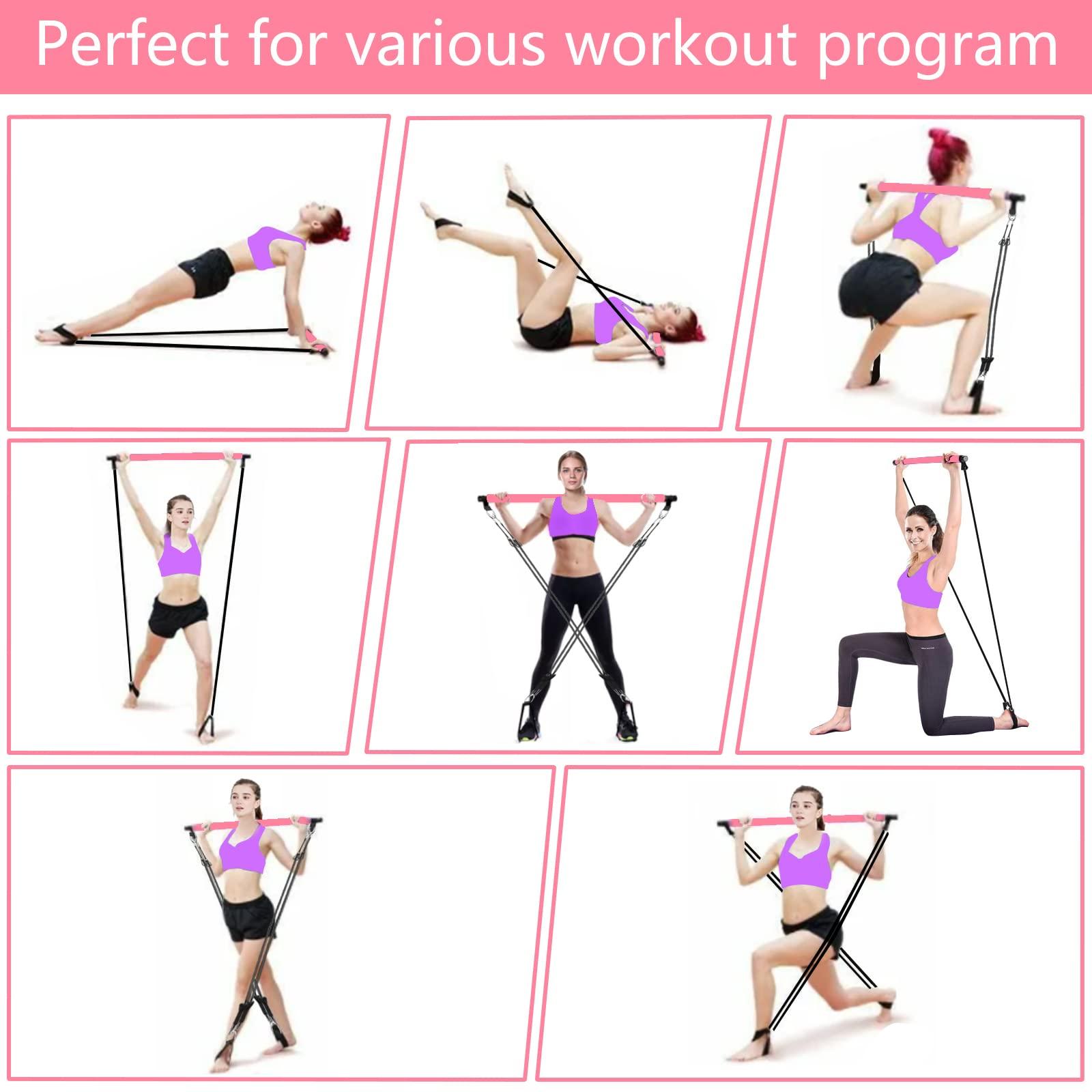 Qicool Pilates Bar Set,Pilates Bar Kit with 4 Resistance Bands(2x30lbs,2x40lbs),Fitness Equipment Yoga Pilates,Workout Resistance Band Bar with Foot Strap for Legs,Hip,Waist and Arm (Pink) 7