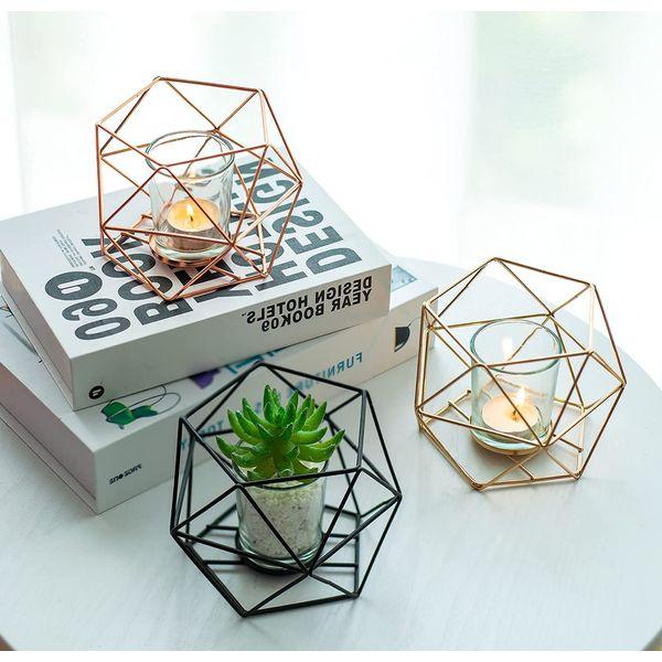 Hewory Metal Geometric Tealight Holders, 6 Pcs Tea Light Candle Holders Rose Gold Ornaments for Living Room, Dining Table Centrepiece, Modern Rose Gold Candle Holder for Wedding Table Decoration 1