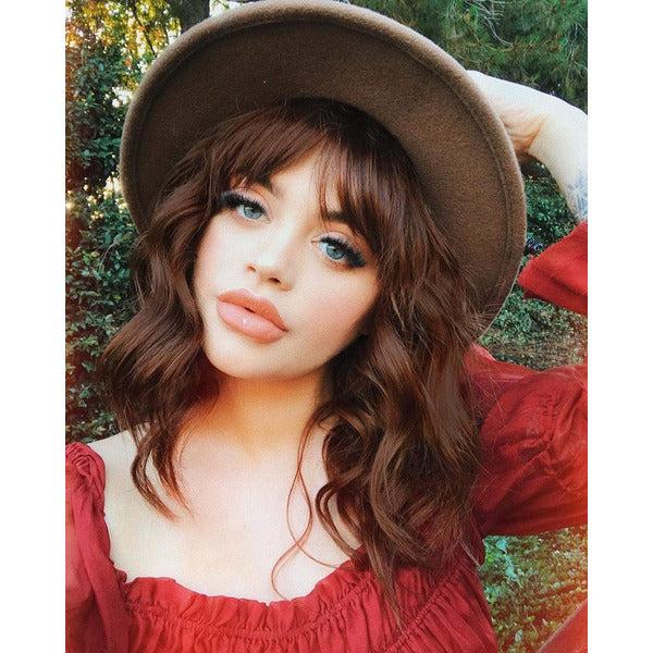 ColorfulPanda Synthetic Brown Highlights Bob Wig with Fringe Short Wavy Curly Wigs for Women Natural Looking Heat Resistant Full Wig for Daily Wear or Cosplay Auburn wig 4