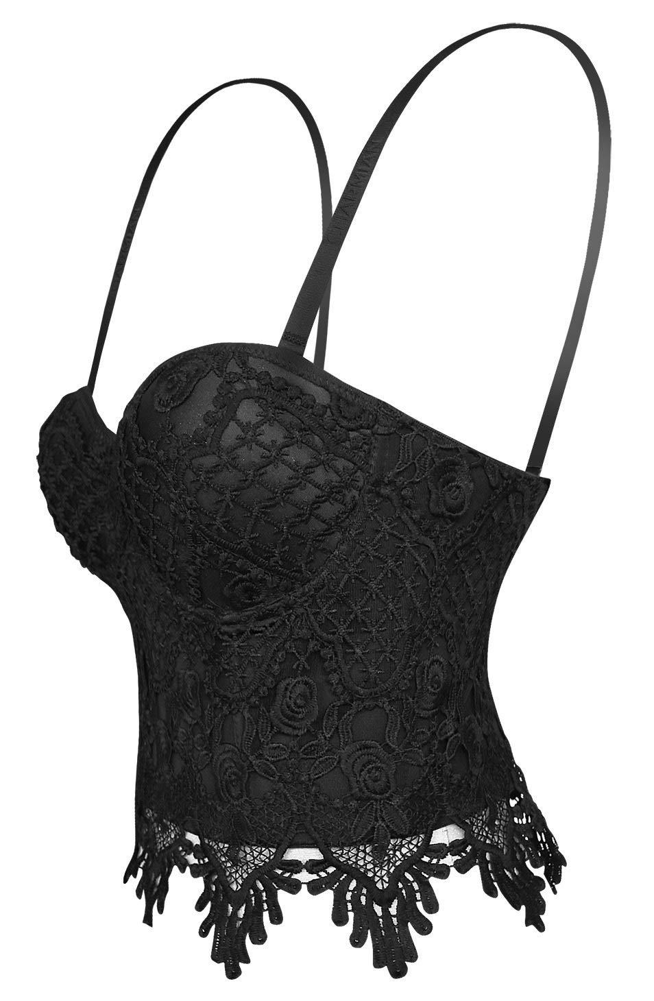 Charmian Women's B Cup Sexy Beauty Floral Lace Bustier Club Party Crop Top Bra Black Large 2