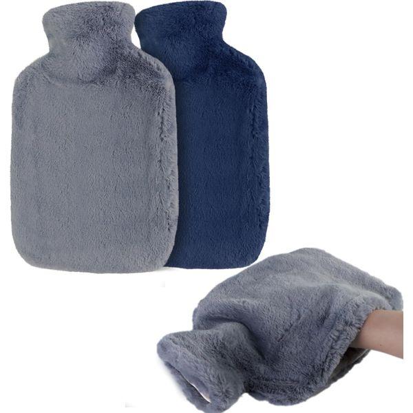 2pcs Hot Water Bottles 2L Large Hot Water Bottle with Cover, Fluffy Hot Water Bag Hand Feet Warmers with Pocket for Neck and Shoulder Pain Relief (Dark Grey & Dark Blue)