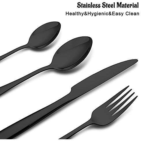 AIKKIL Silverware Set, Stainless Steel Flatware Cutlery Set Service, Tableware Eating Utensils Include Knives/Forks/Spoons, Mirror Polished, Dishwasher Safe (48, Black) 2