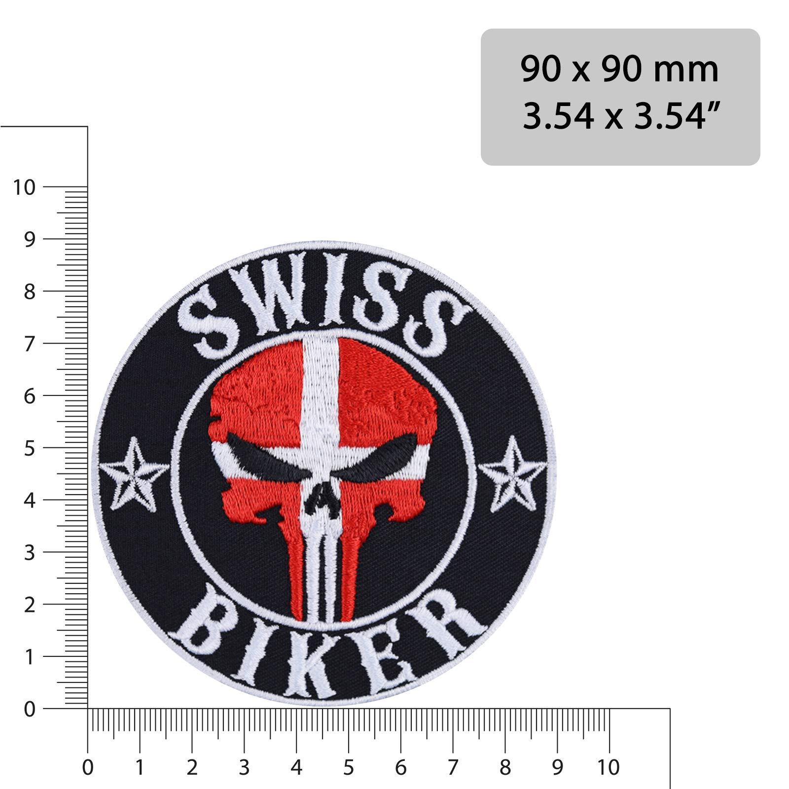 Swiss Biker - Switzerland Flag Skull Embroidered Iron on Patches for Motorcycle Riders, Bikers | Swiss Sew on Country Flag Applique Patches for for All Fabrics | 90X90 mm 2