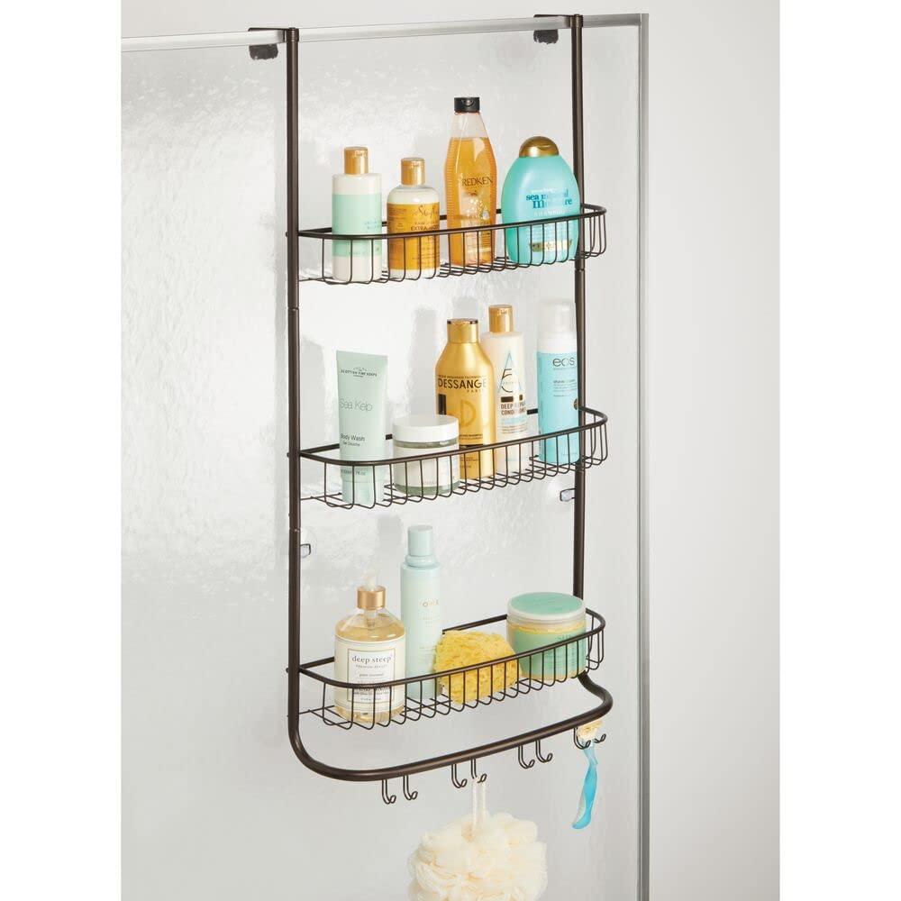 mDesign Over Door Shower Caddy - Hanging Shower Shelves with Storage Hooks - 3 Hanging Shower Baskets and 4 Double-Hooks for Organising Shower Accessories - Bronze 1