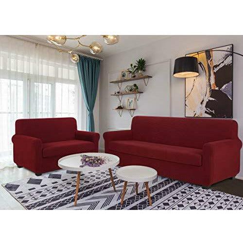 TIANSHU 2 Piece Sofa Slipcover, Stretch Couch Cover for Sofa, Stylish Jacquard Furniture Covers (Loveseat, Dark Wine) 1