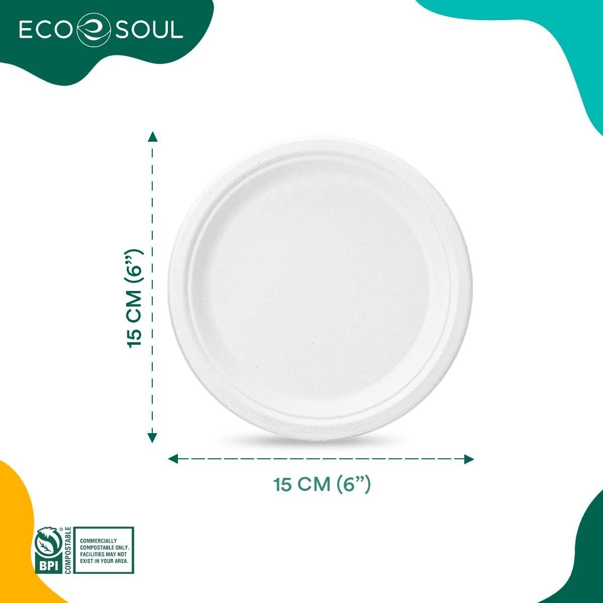 ECO SOUL Pearl White Round 15cm(6") Bagasse Plates, 10x Times Sturdy Than Paper Plates(Pack of 100), Disposable Tableware, 100% Compostable, Eco Friendly Alternative to Plastic Plates, Microwavable 1