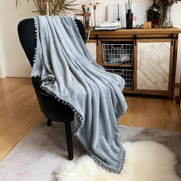 LOMAO Pom Pom Throw Blanket , Soft Fleece Pompom Fringe Blanket for Couch Bed Sofa | Decorative Cozy Plush Warm Flannel Velvet Tassel Flannel Blanket (Grey, 130*160)