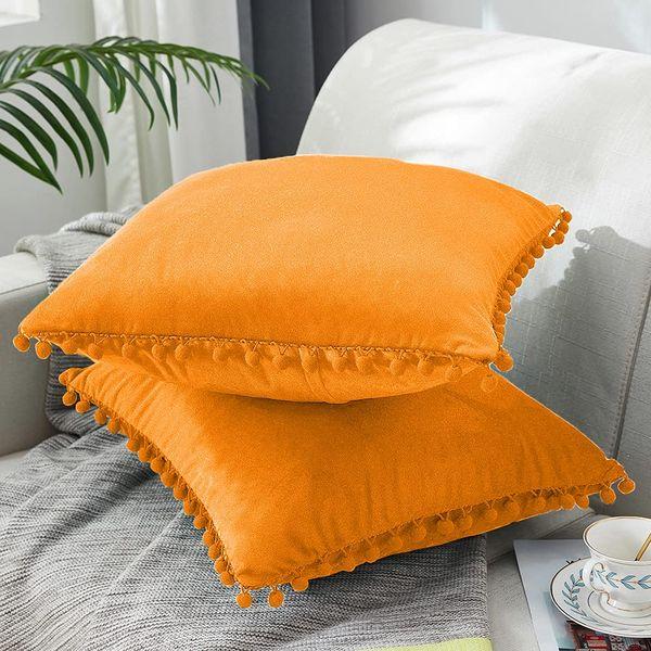 MERNETTE Pack of 2, Velvet Soft Decorative Square Ball Throw Pillow Cover Cushion Covers Pillow case, Home Decor Decorations For Sofa Couch Bed Chair 20x20 Inch/50x50 cm (Turmeric) 0