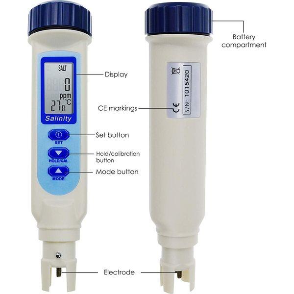 Salinity & Temp Meter Pen Type Salt Water Quality Tester ATC NaCl, 9999 ppm / 100.0ppt/ 10% / 0.95-1.08 SG Measurement Units 4-in-1 Checker for Saltwater Aquarium Pond Food Pool Cooking Seawater 3