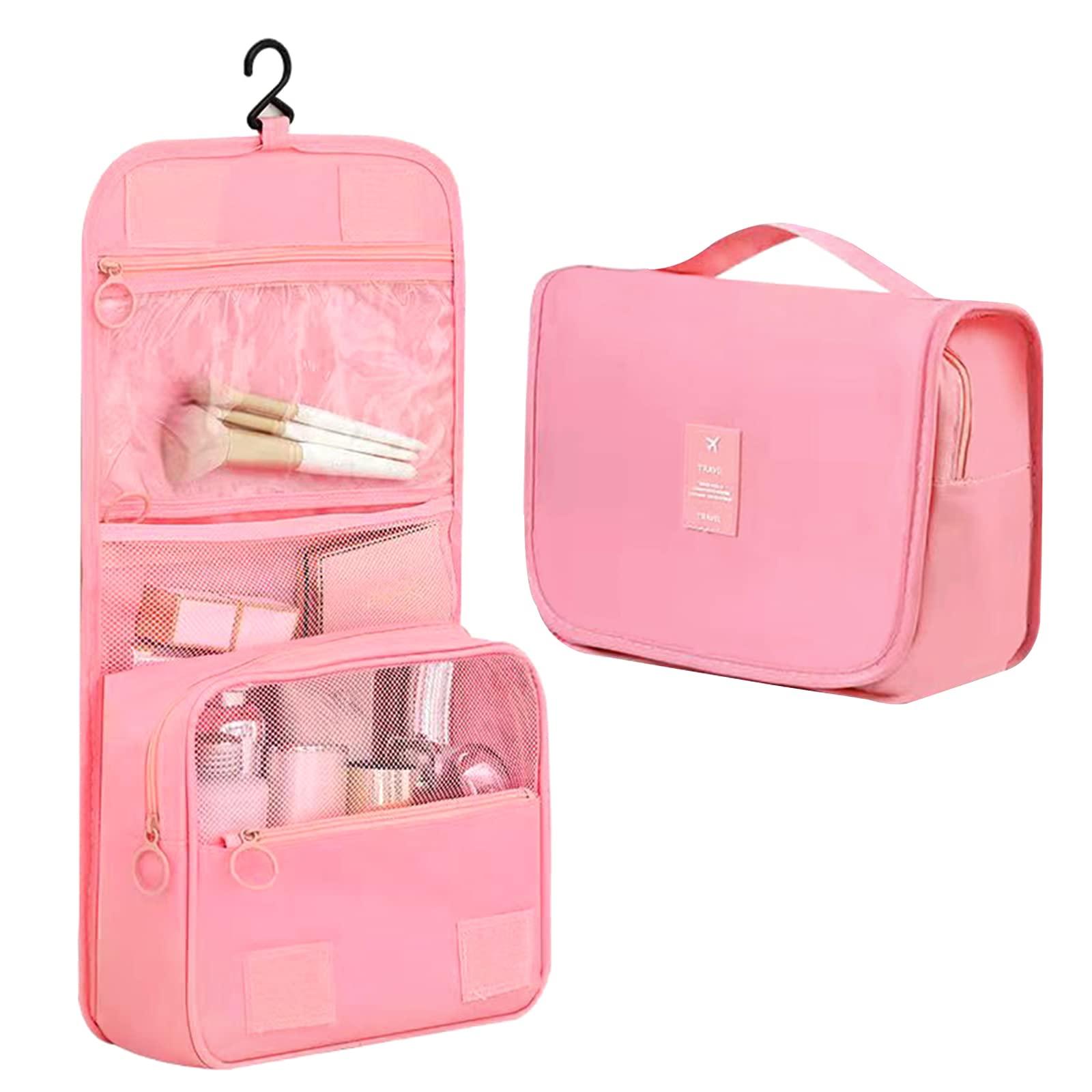 Hanging Toiletry Bag, Travel Wash Bag for Women Portable Folding Cosmetic Organizer Large Capacity Girls Makeup Bag Waterproof Shower Bag with Separate Compartment, Pink