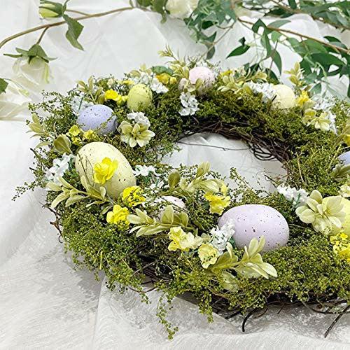 Youngshion 40cm Artificial Front Door Wall Hanging Rattan Easter Wreath Pastel Egg Plant Spring Garland with Mixed Flowers and Twigs for Home Party Decor 3