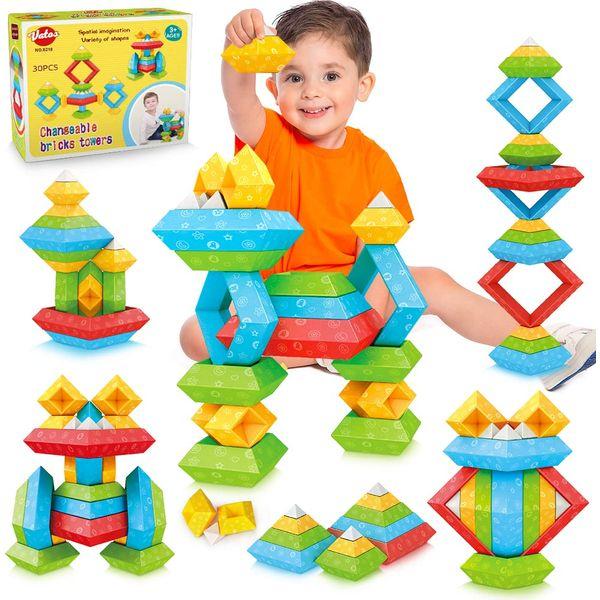 VATOS Changeable Building Blocks for Kids Age 2 3 4 5 6 Year Old, 30 PCS Diamond-shaped Bricks Towers, Building Construction Toys Sets, STEM Preschool Educational Montessori Toys for Boys Girls 0