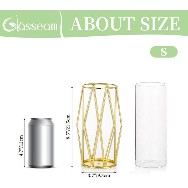 Glass Vase for Flowers Gold, Modern Small Vases for Pampas Grass with Geometric Metal Rack for Artificial Flowers Living Room Dining Table Decoration Wedding Centrepiece Ornaments, 21.5cm Height 4