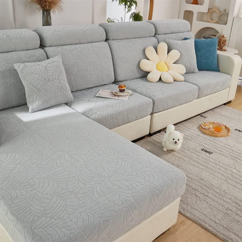 Topchances Sofa Seat Cushion Covers - Stretch Sofa Cushion Covers Replacement, Non-Slip Sofa Seat Slipcovers for Sofa Cushion L Shaped Chaise Longue Furniture Protection (Leaves, Light Grey) 2