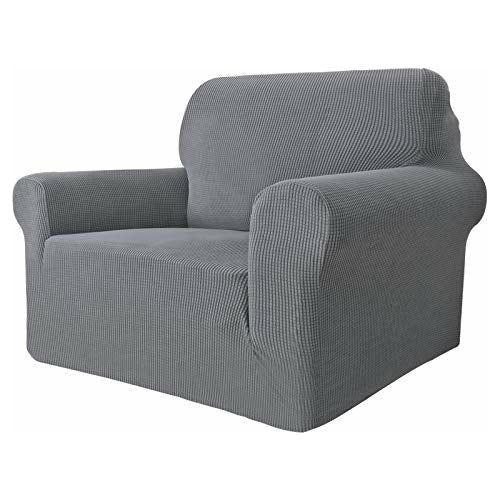 MAXIJIN Super Stretch Chair Covers for Living Room, 1-Piece Universal Chair Slipcover with Arms Jacquard Spandex Chair Protector Dogs Pet Friendly Sofa Couch Armchair Cover (1 Seater, Light Grey)