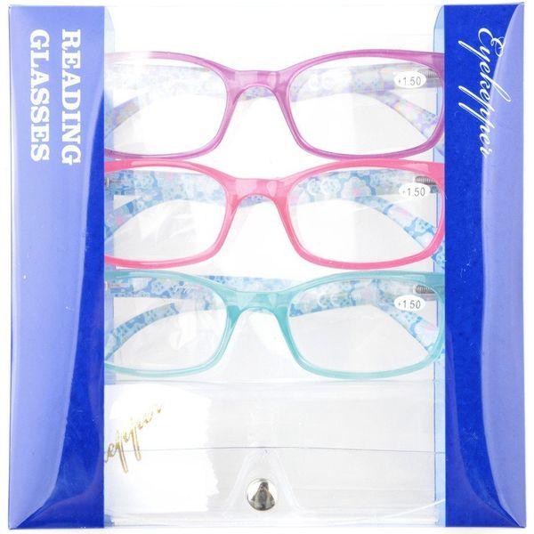 Eyekepper Reading Glasses 3 Pack With Purple, Pink, Blue Style Look Crystal Clear Vision comfort Spring Arms Include Case Cloth +1.5 4