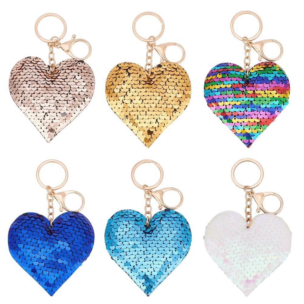 WADORN 6 Pieces Sequin Love Heart Keychain, Assorted Color Sparkly Bing Keychains Car Key Ring Holder Women Backpack Handbag Charms Phone Purse Decoration Pendent Accessories Valentines Gift, 13cm