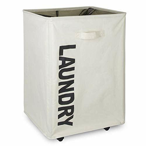 Amazon Brand - Eono 56CM Pro Rolling Laundry Cart White and Grey Clothes Hamper Mesh Cover Laundry Storage Cart Collapsible Laundry Basket Flexible Thin Laundry Hamper with Wheels for Family Laundry 0