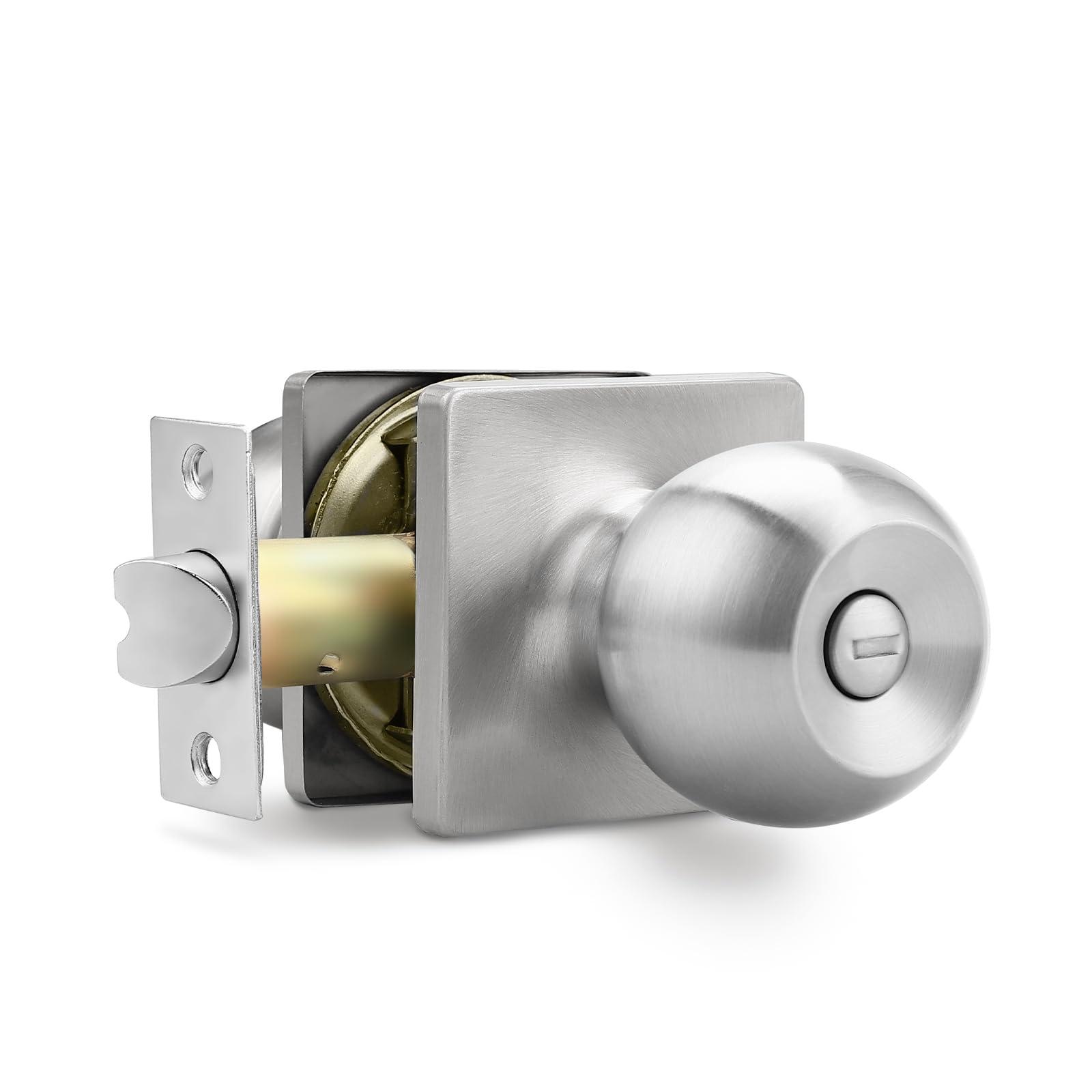 Probrico Privacy Locking Door Knobs, Satin Nickel Knobs, Interior Knobs with Keyless Lock for Bedroom and Bathroom Doors, with Square Rose, 1 Pack 0