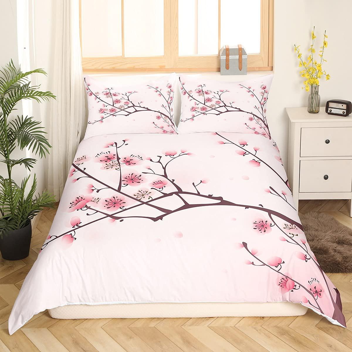 Cherry Blossoms Duvet Cover Set Sakura Flowers Branch Comforter Cover Pale Pink Bedding Set For Girly Girls Teens Kids Child,Japanese Spring Quilt Cover Single Size 1 Duvet Cover With 1 Pillow Case 2