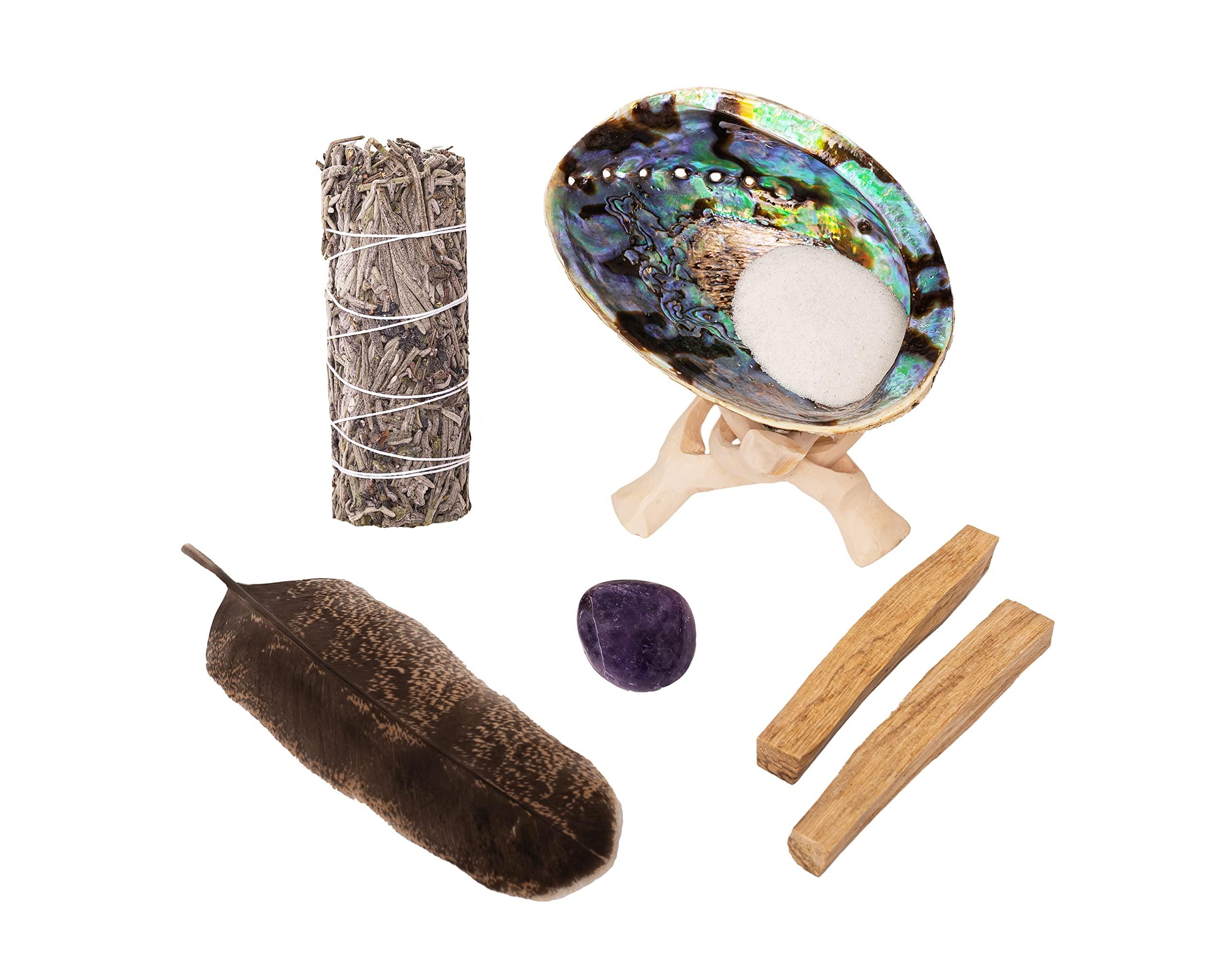 Spiritual Items - Lavender Leaf Smudge Stick ~ Abalone Shell for Smudging ~ Palo Santo Sticks ~ 2 inchTripod Stand ~ 8 inch Feather and White Sand 3