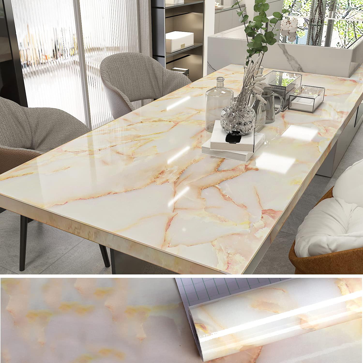 VEELIKE Yellow Marble Wallpaper 40cm x 1800cm Marble Vinyl Wrap for Kitchen Worktop Covering Vinyl Self Adhesive Contact Paper Kitchen Counter Vinyl Wrap Dinning Table Bathroom Waterproof Removable