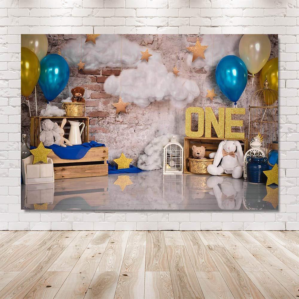 MEHOFOND 7x5ft Blue and Gold Boy One Birthday Photo Studio Portrait Backdrop Props Balloons Cloud Stars Retro Wall Happy 1st Birthday Party Decorations Photography Background Banner 3