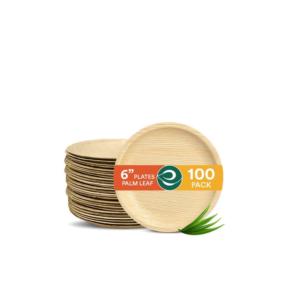 ECO SOUL Compostable 15cm Round Palm Leaf Plates | Pack of 100 | Disposable Bamboo-Like Tableware for Party, BBQ, Picnic, Wedding | Recyclable, Eco-Friendly, Alternative to Plastic & Paper Plates