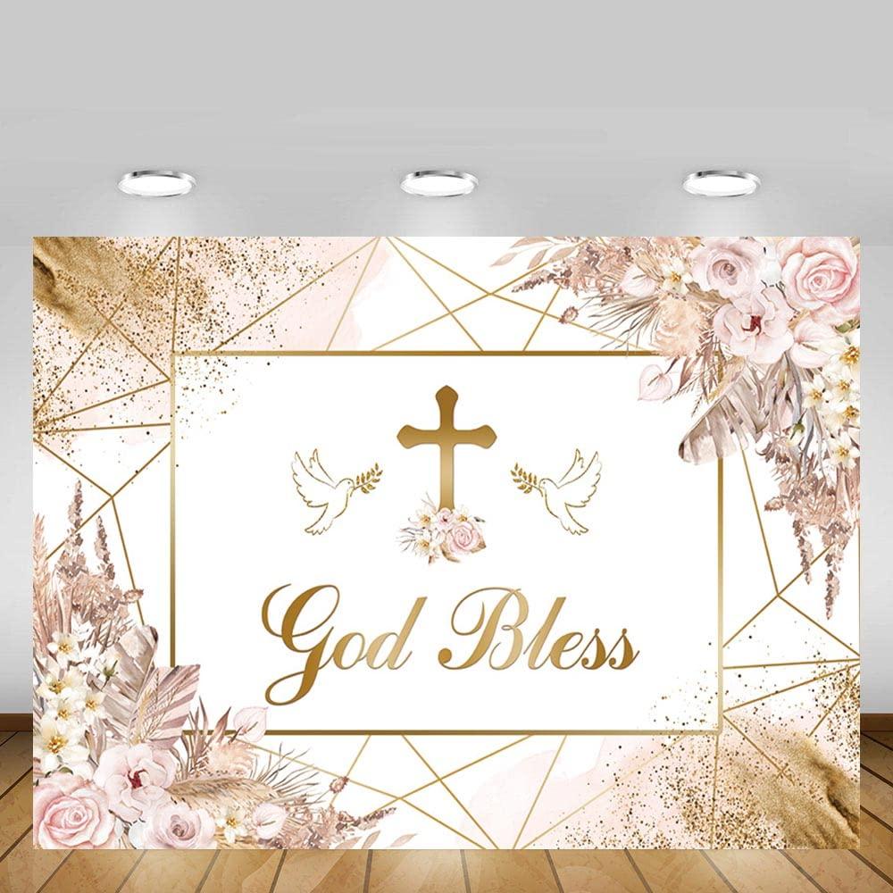 MEHOFOND 7x5ft God Bless Backdrop Bohemia Theme Pink Floral First Holy Communion Christening Dove Jesus God Bless Photography Background Newborn Baby Shower Cake Smash Decor Photo Studio Props 3