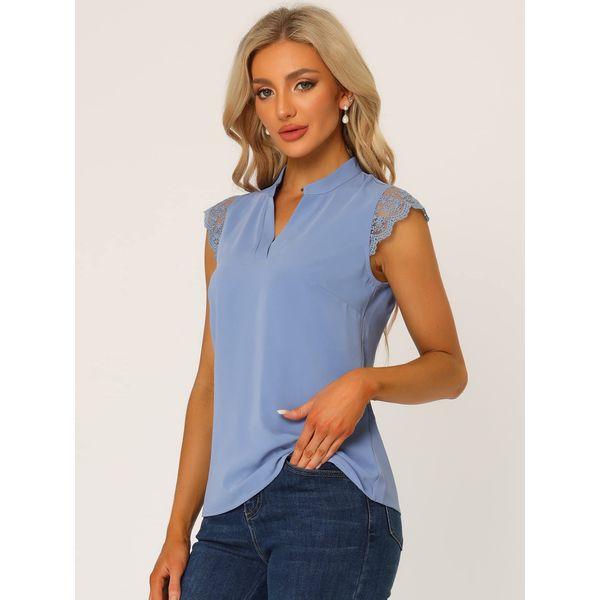 Allegra K Women's Work Office V Neck Sleeveless Basic Blouse Top Gray Blue M 2