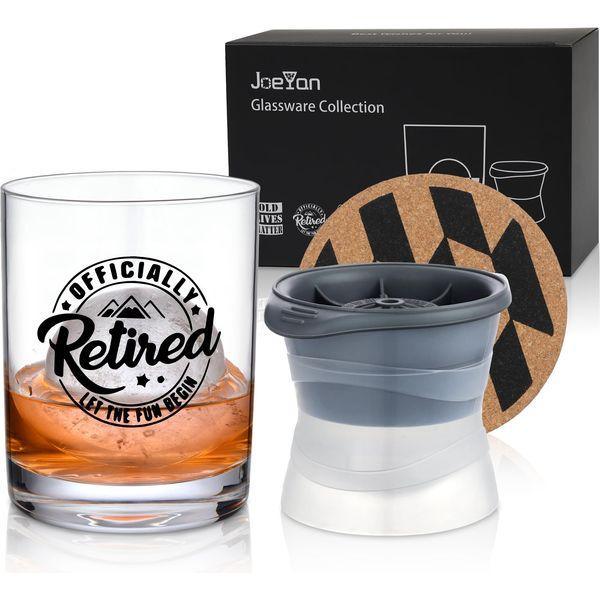 Joeyan Whiskey Retirement Gift Sets for Men Women, Funny Whisky Rum Alcohol Presents, Anniversary Cup Gifts for Him Her, Crystal Whiskey Tumbler Glass Cup with Ice Ball Mold and Coaster