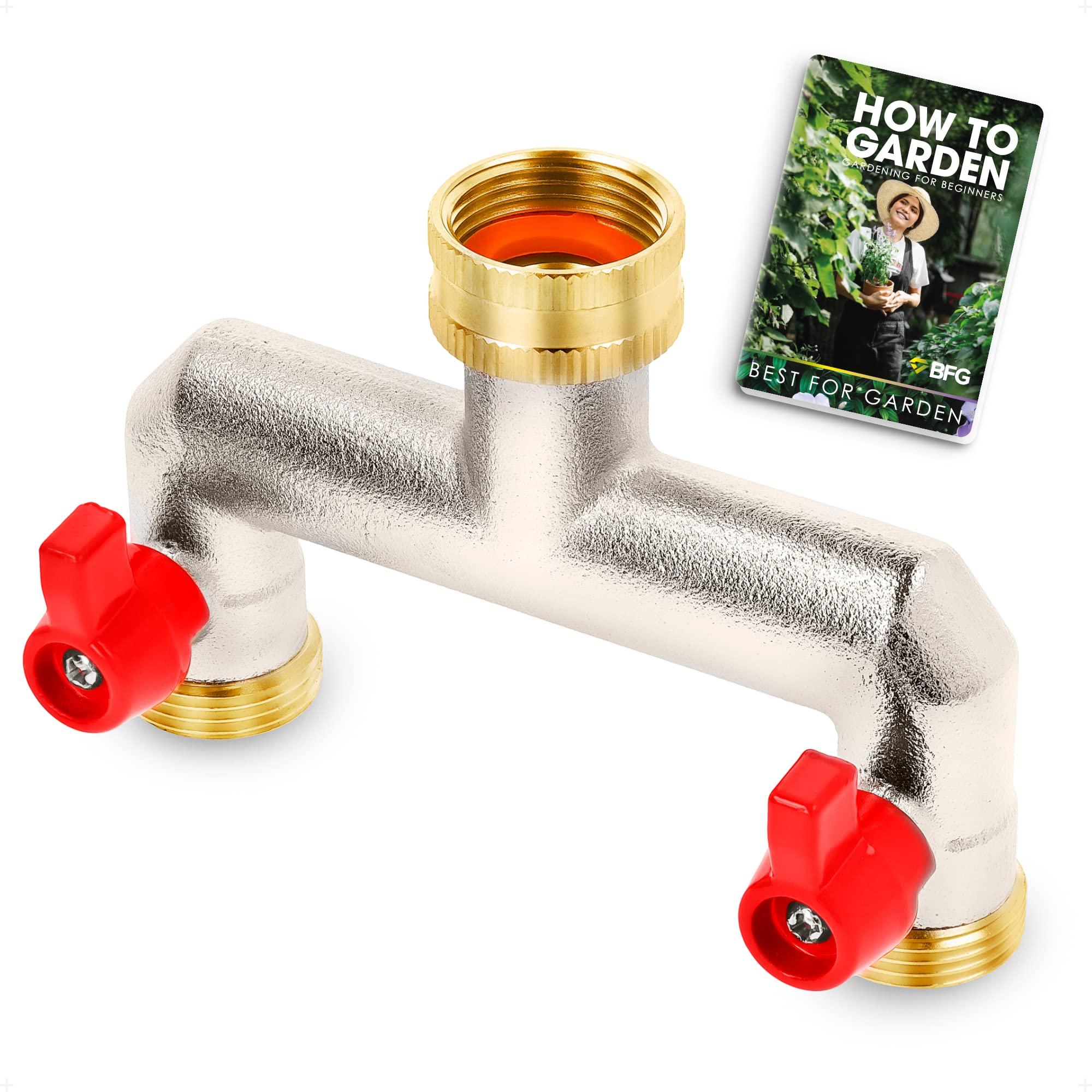 BFG Brass Garden Tap Splitter, 2 Way Hose Splitter Tap Connector with 3/4" BSP Threads, Hose Pipe Fittings, Nickeled Brass Hose Connector, Ball Valves for Garden Watering System, Outside Tap Connector