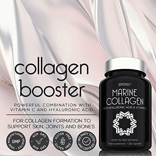 Marine Collagen Supplement 2400mg - 120 Capsules with Hyaluronic Acid and Vitamin C - Premium Type 1 Hydrolysed Collagen Tablets for Women and Men - High Strength Complex for Skin Bones Joints 2