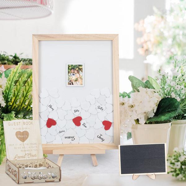 Wedding Guest Book MONCAP Wooden Wedding Drop Top Frame Alternative Guest Book with 106pcs Hearts & Wooden Box & Mini Message Blackboard for Wedding Reception Anniversary Baby Shower Birthday 0