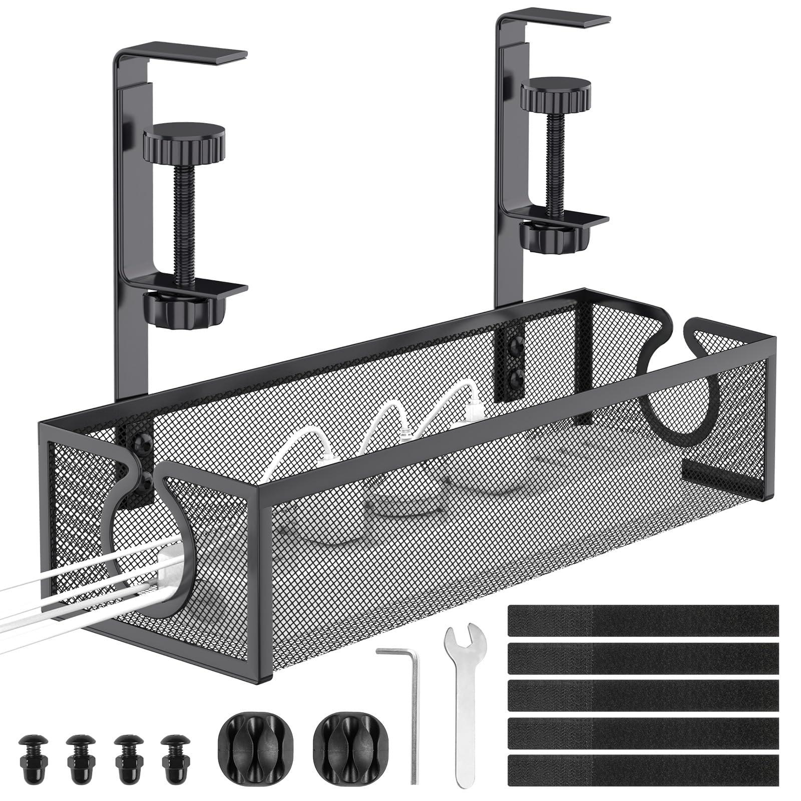 DECOHOME Under Desk Cable Management Tray, No-Drill Mesh Table Cable Basket for Managing Cables and Power Strips, No Screws Tidy Box Wire Organiser for Home, Office, Internet Cafe (Black, 1 Pack)