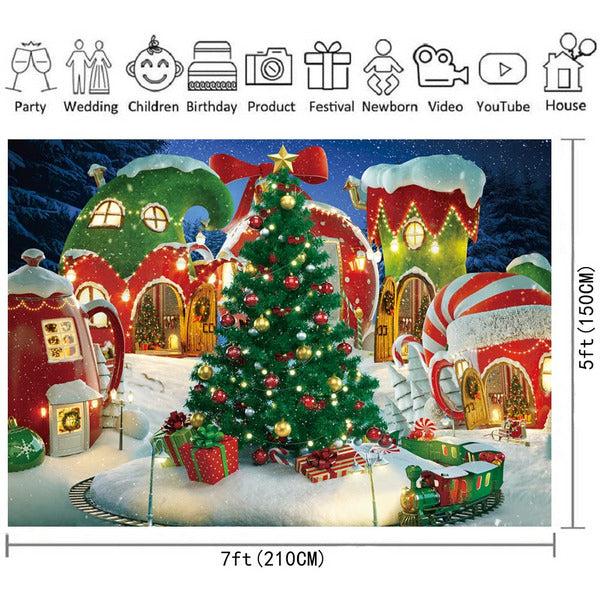 Cartoon Christmas Village Photography Background Winter Snow Pine Tree Fairy Tale Castle Kid Party Photo Backdrop (8x6ft) 1