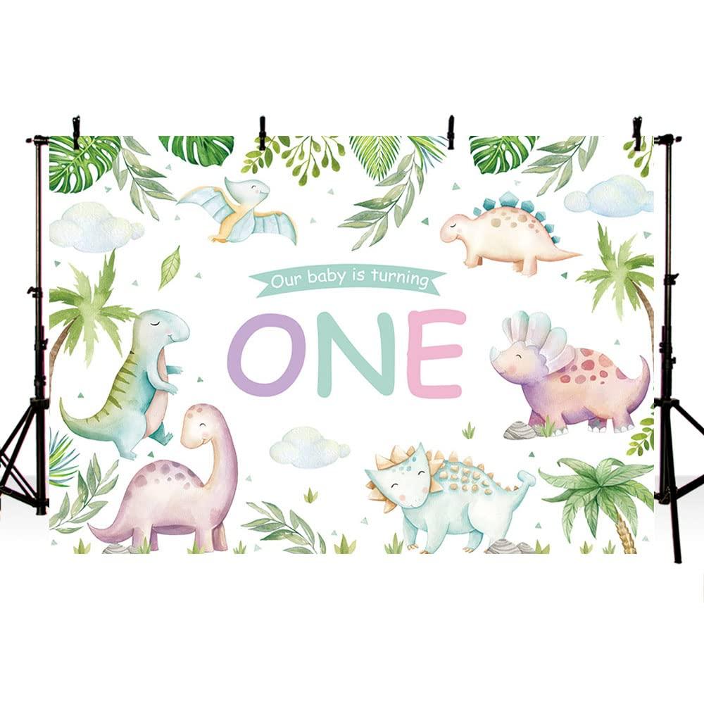 MEHOFOND 7x5ft Pastel Dinosaurs 1st Birthday Backdrop Our Baby Is Turning One Party Banner Cake Smash Decoration Green Leafs Adventure Dinosaur World Photography Background Photo Studio 0