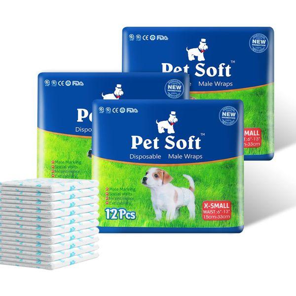 Pet Soft Male Dog Nappies - Disposable Pet Diapers Male Dog Wraps, Super Absorbent Doggy Puppy Nappies for Dogs & Cats Urinary incontinence XS 36count (XS 12count (6'-13'))