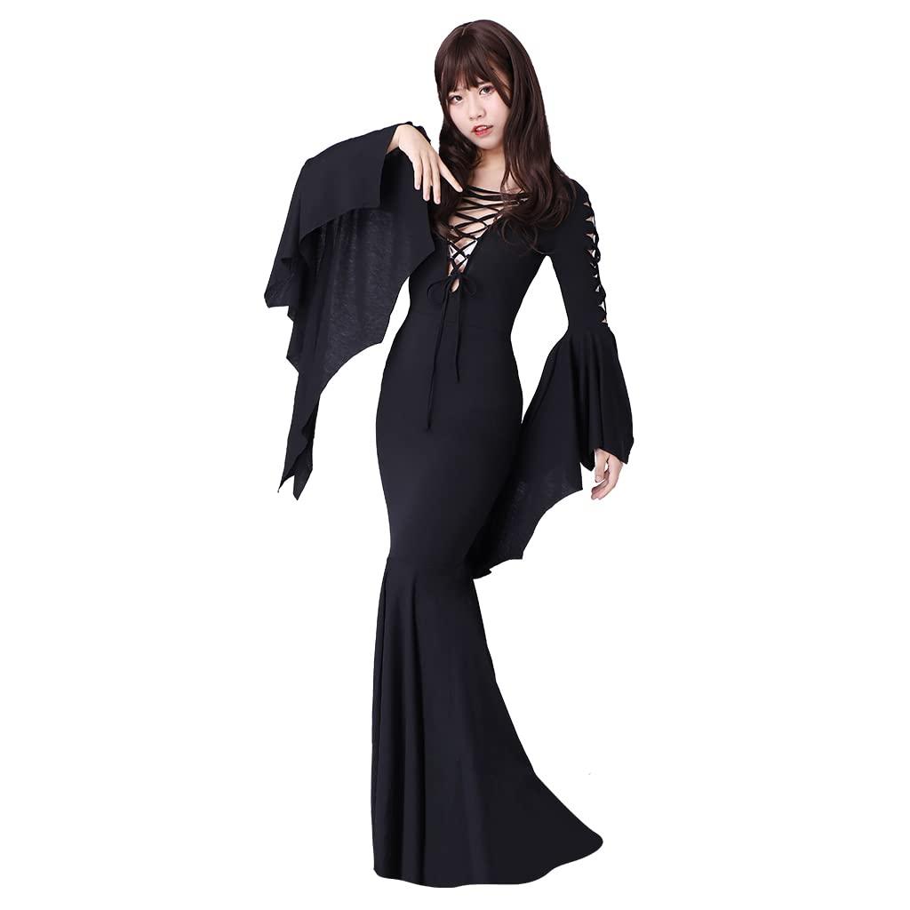 Fortunehouse Women's Morticia Addams Floor Dress Costume Adult Gothic Witch Vintage Dress Black, XS 2