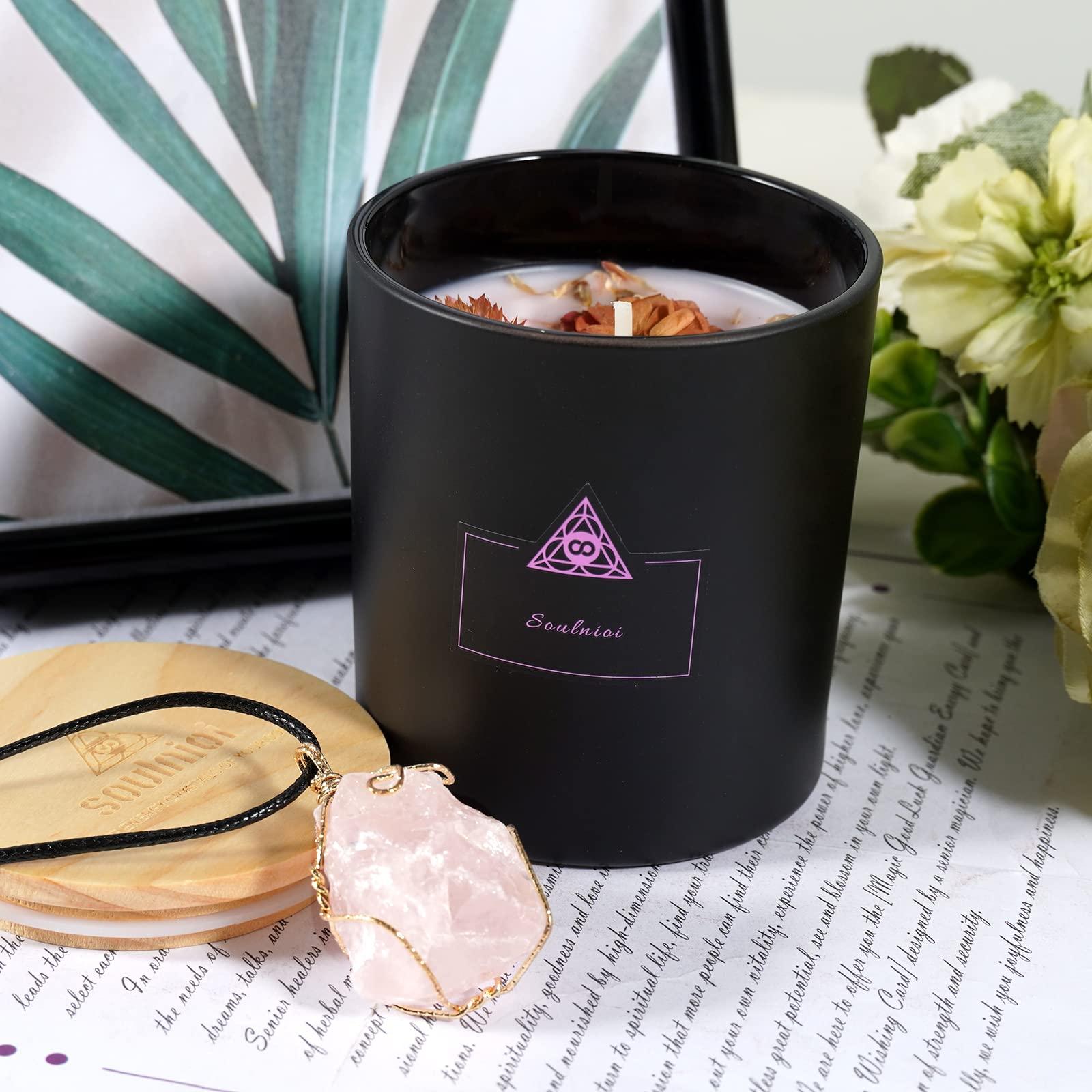 Soulnioi Scented Candle Set Black Cup Soy Wax Aromatherapy Candle with Crystal and Dry Flower Sakura Fragrance and Rose Quartz Crystal Pendant Necklace of Stress Realxtion for Wedding Birthday Gift 3