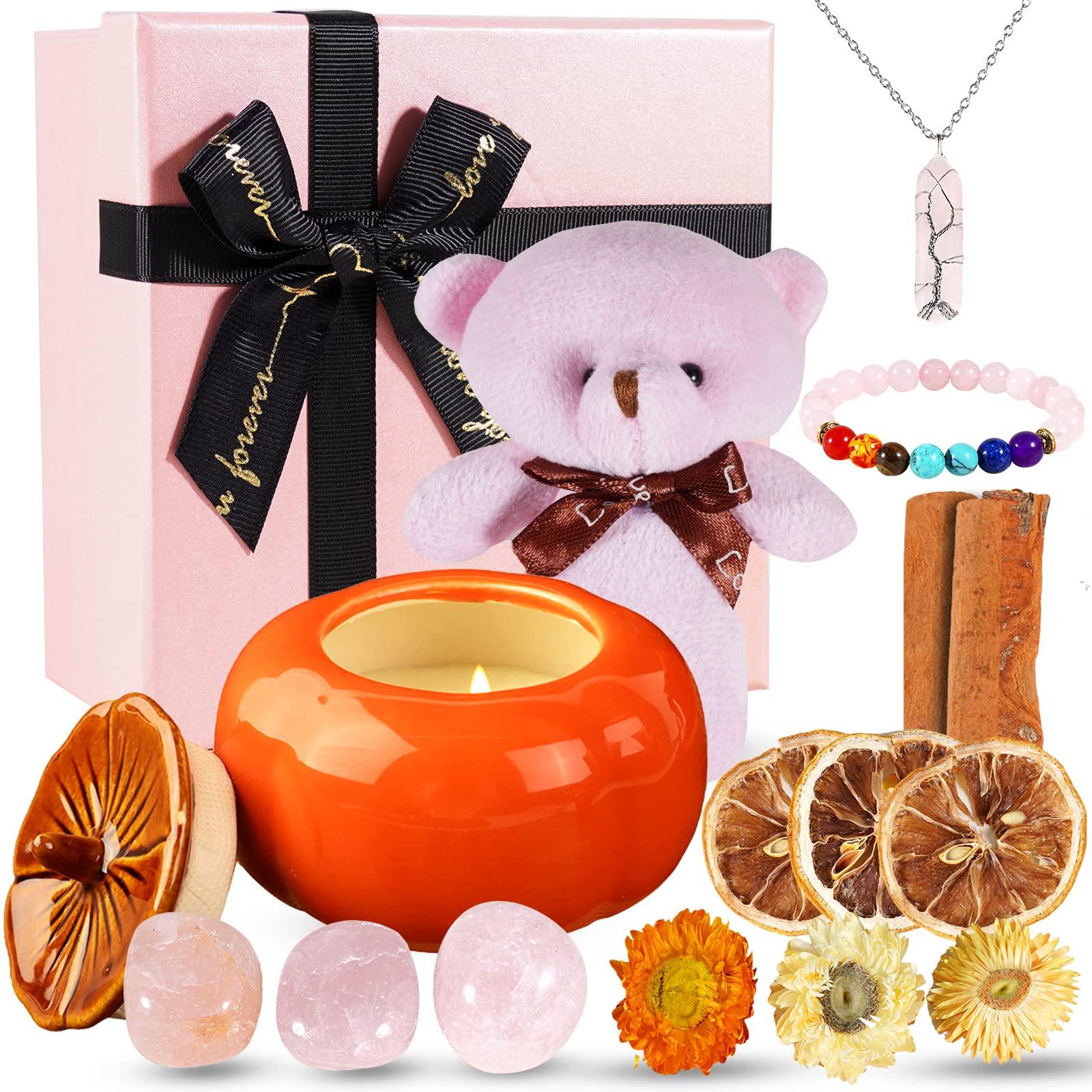 Soulnioi Aromatherapy Gift Set Scented Candle Orange Persimmon Fragrant Candle 7 Chakra Crystal Rose Quartz Crystal Stones Bracelet Necklace Dry Flower of DIY Relaxation Reiki for Birthday Women Gift 0