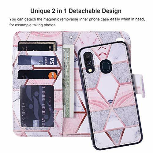 QLTYPRI for Samsung Galaxy A51 Case, Premium PU Leather Rubber Silicone Bumper Credit Card Holder Cash Pocket Magnetic Closure Detachable Wallet Case Cover for Galaxy A51 - Pink Marble 2